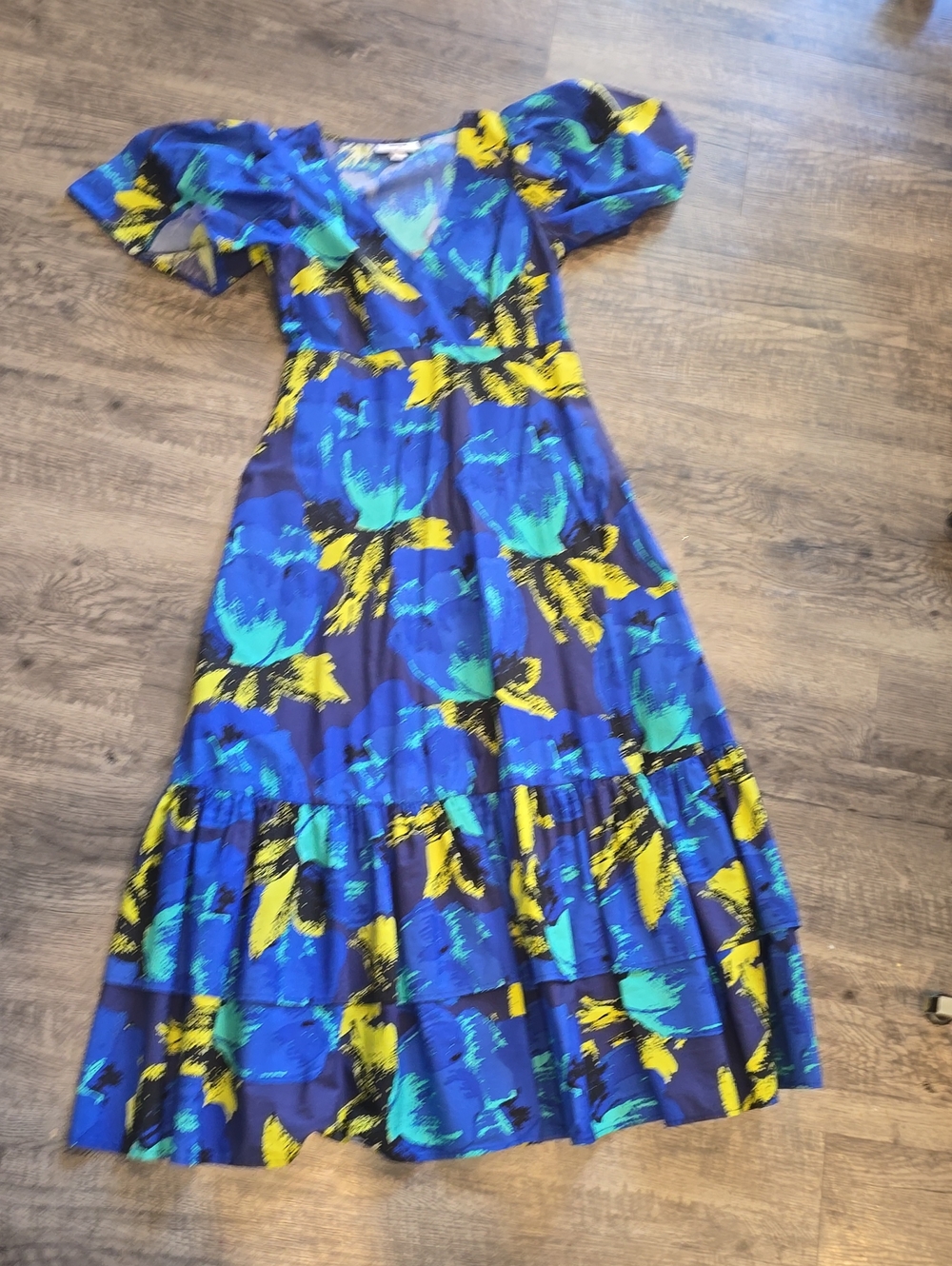 Christopher John Rogers Blue Floral Maxi Dress with Puff Sleeves